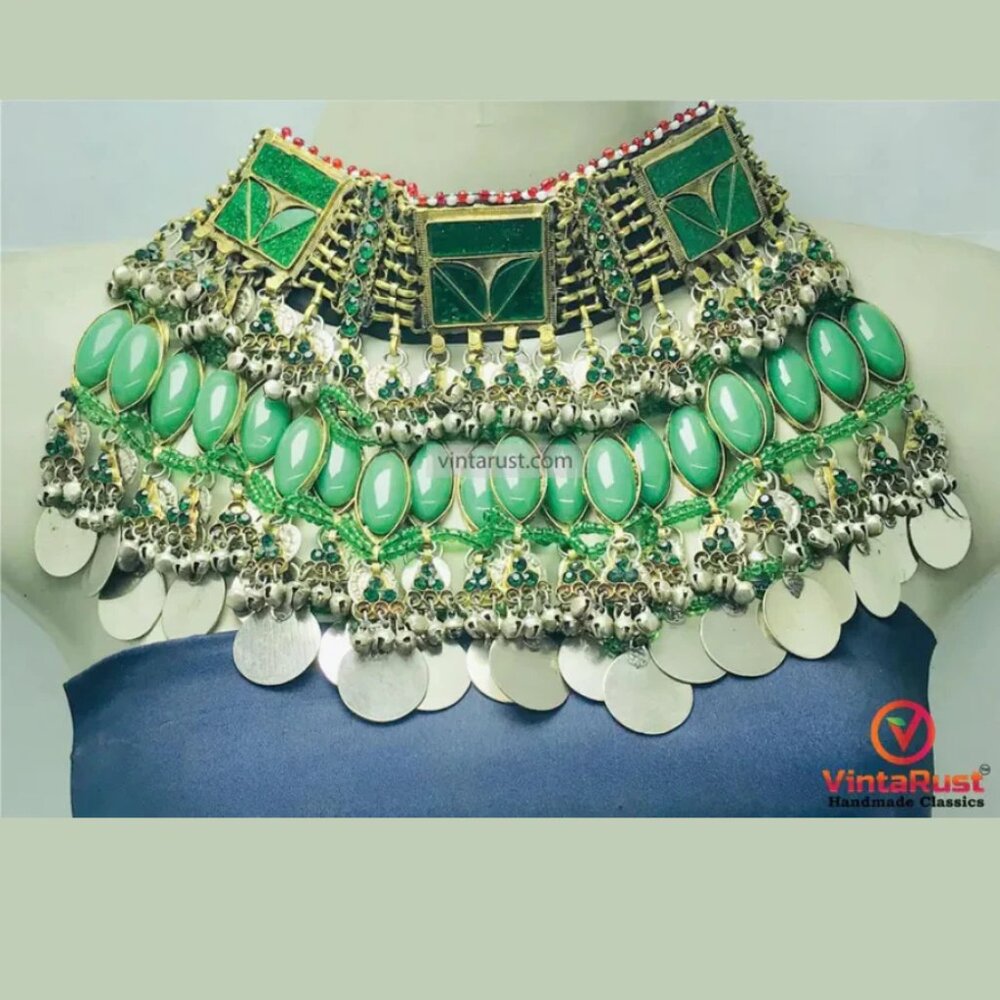 Antique Green Stone Afghan Necklace: Silver Kuchi Tribal Boho Statement